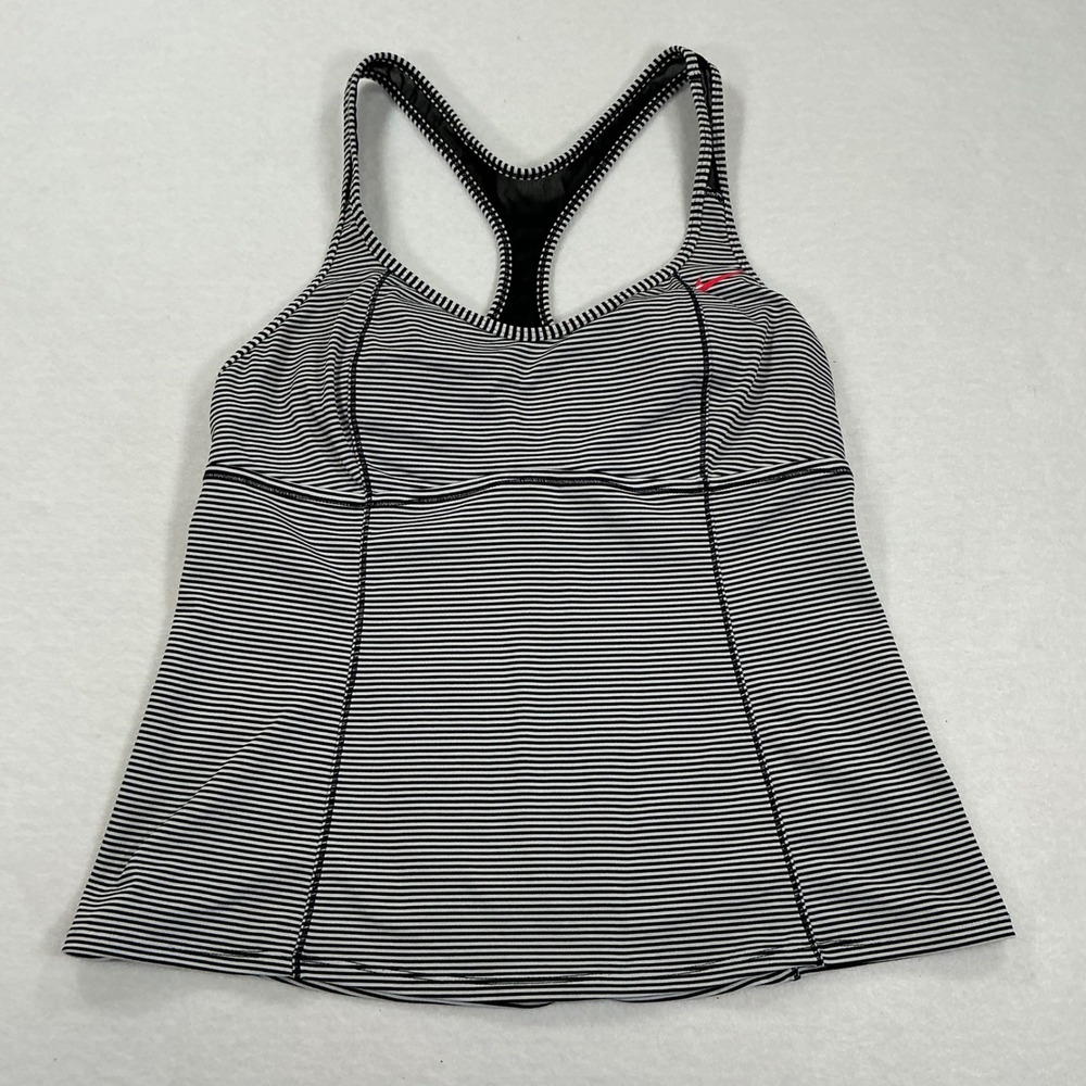 Nike Womens Racerback Tank Top Built-In Bra Striped Black White Pink Logo Large